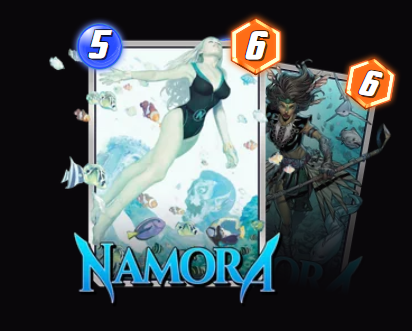 Namora — On Reveal: Give +5 Power to each of your cards alone at another location.