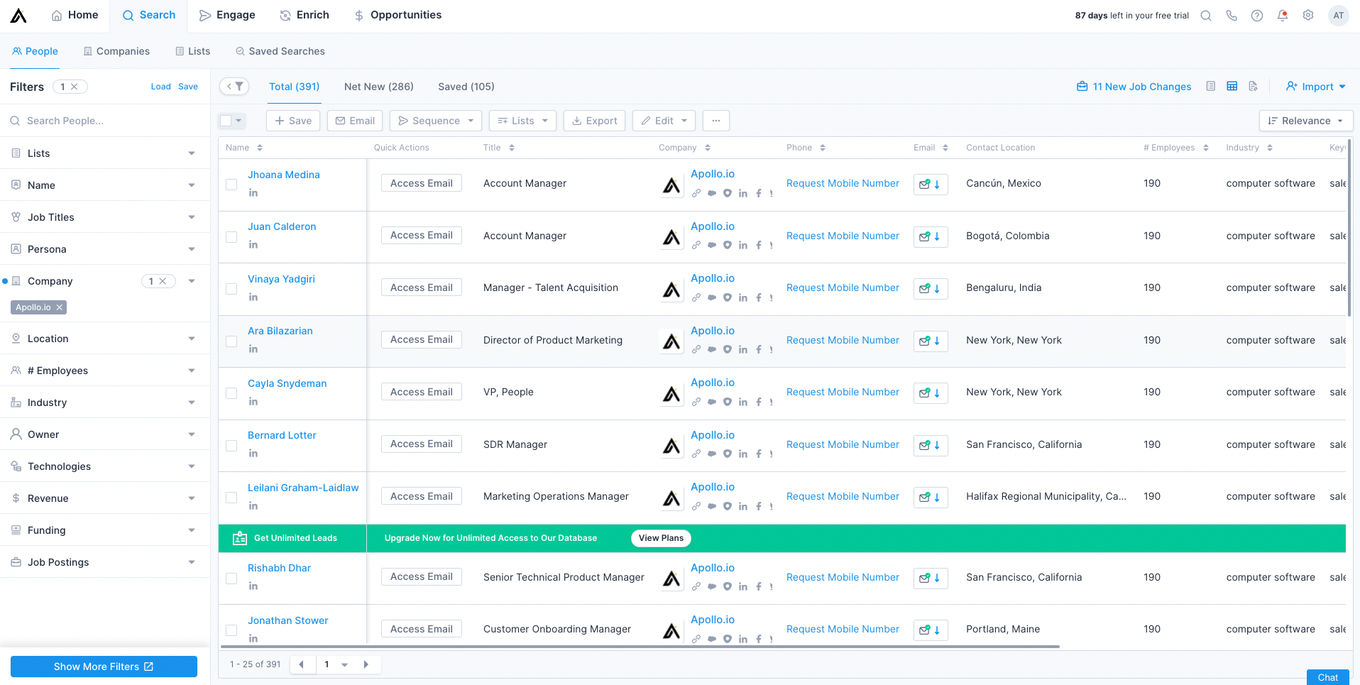Apollo's dashboard showing a list of contacts via Eric Zrinsky.