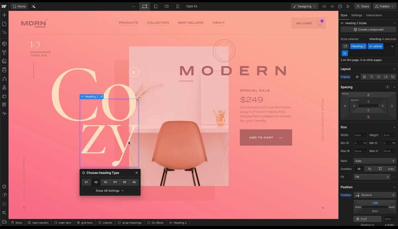 A sneak peek of Webflow's Designer via their official website.