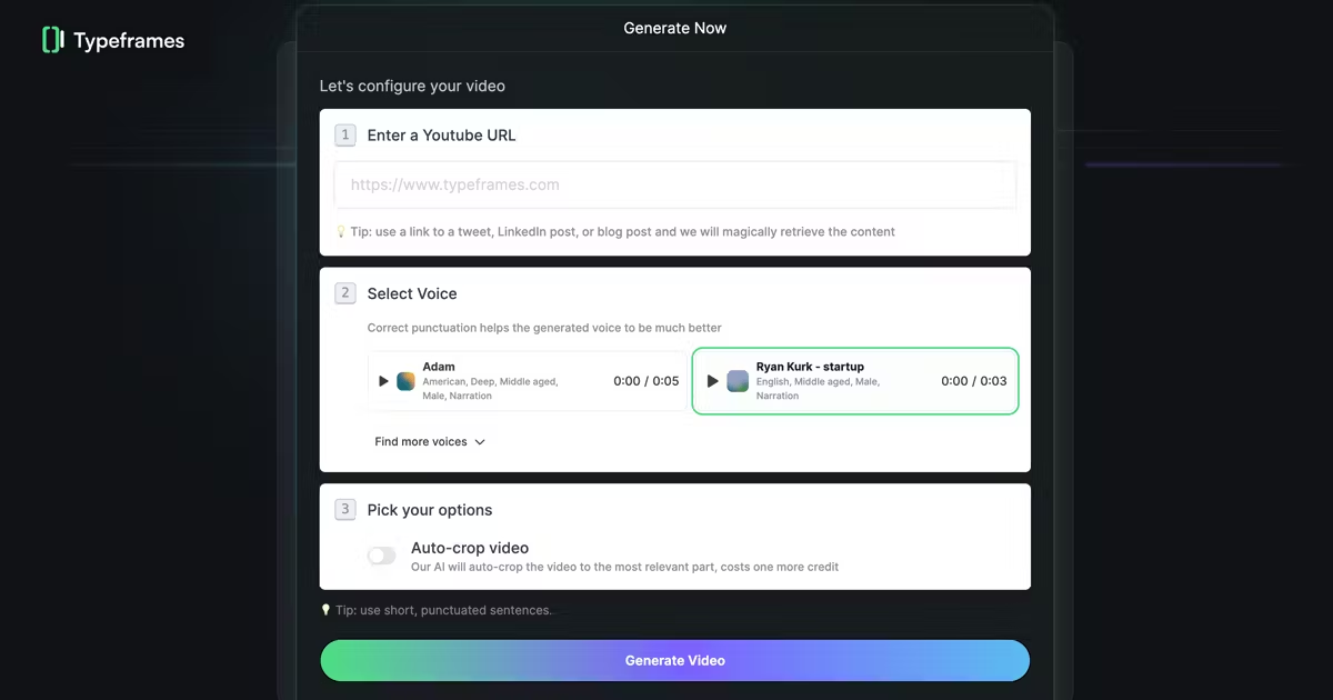 Typeframes' Create Clips from YouTube tool