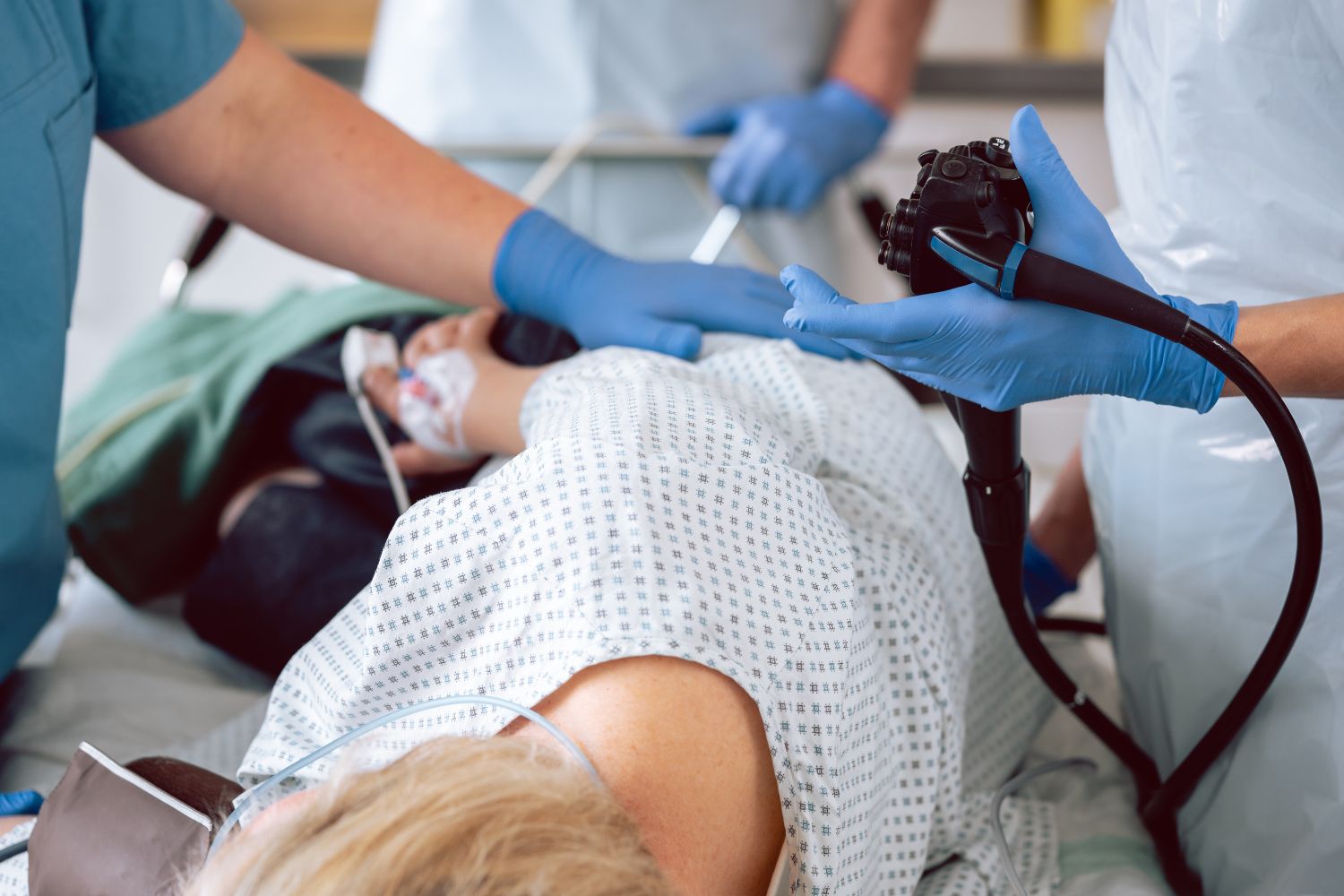A patient receiving a colonoscopy.