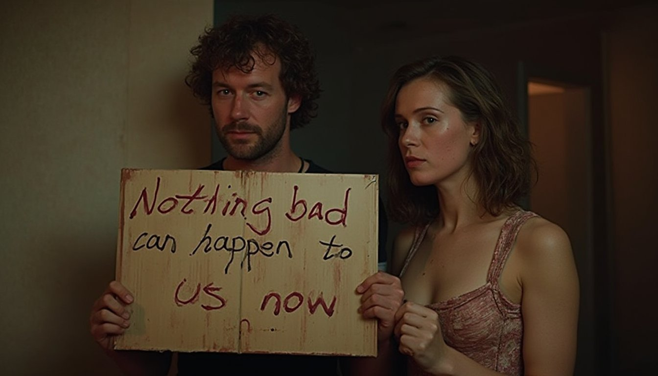 cinematic still of  a man and a woman holding a sign with the text "Nothing bad can hapen to us now". messy hairs. Blood stain. horror, survival,  80's Horror movie, highly detailed, high quality photo.