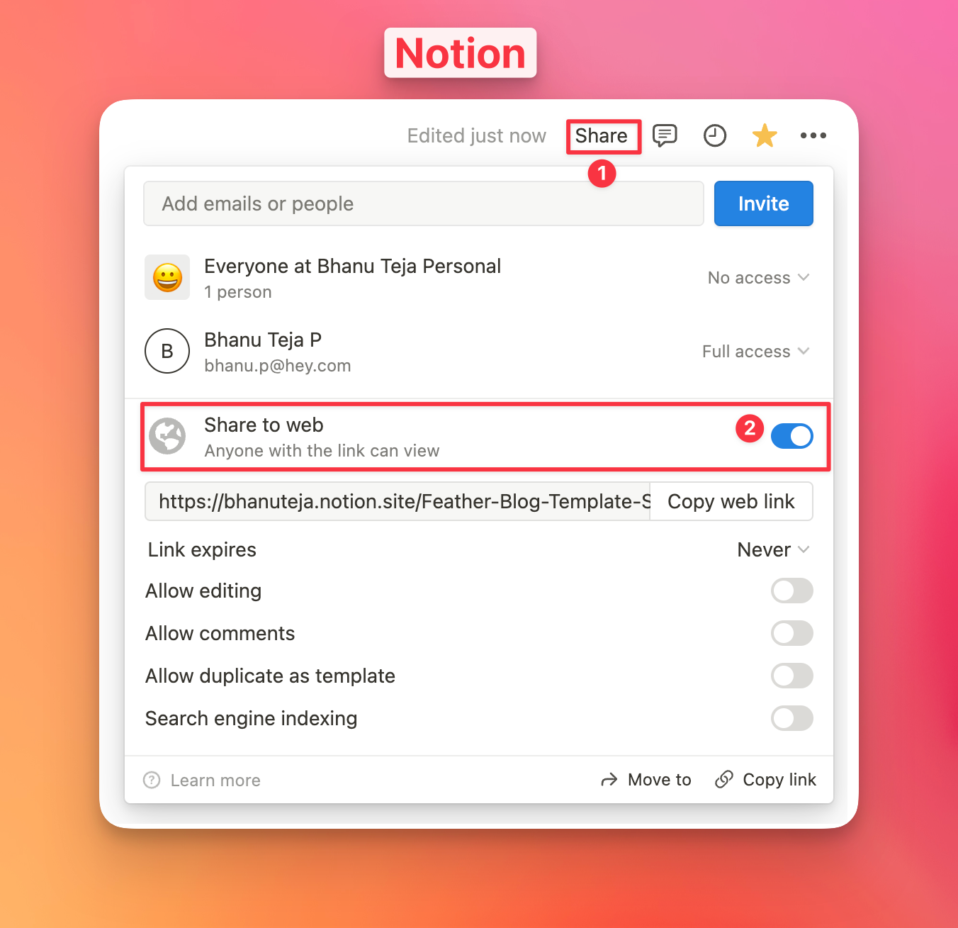 Enable “Share to Web” option so that Feather can discover it
