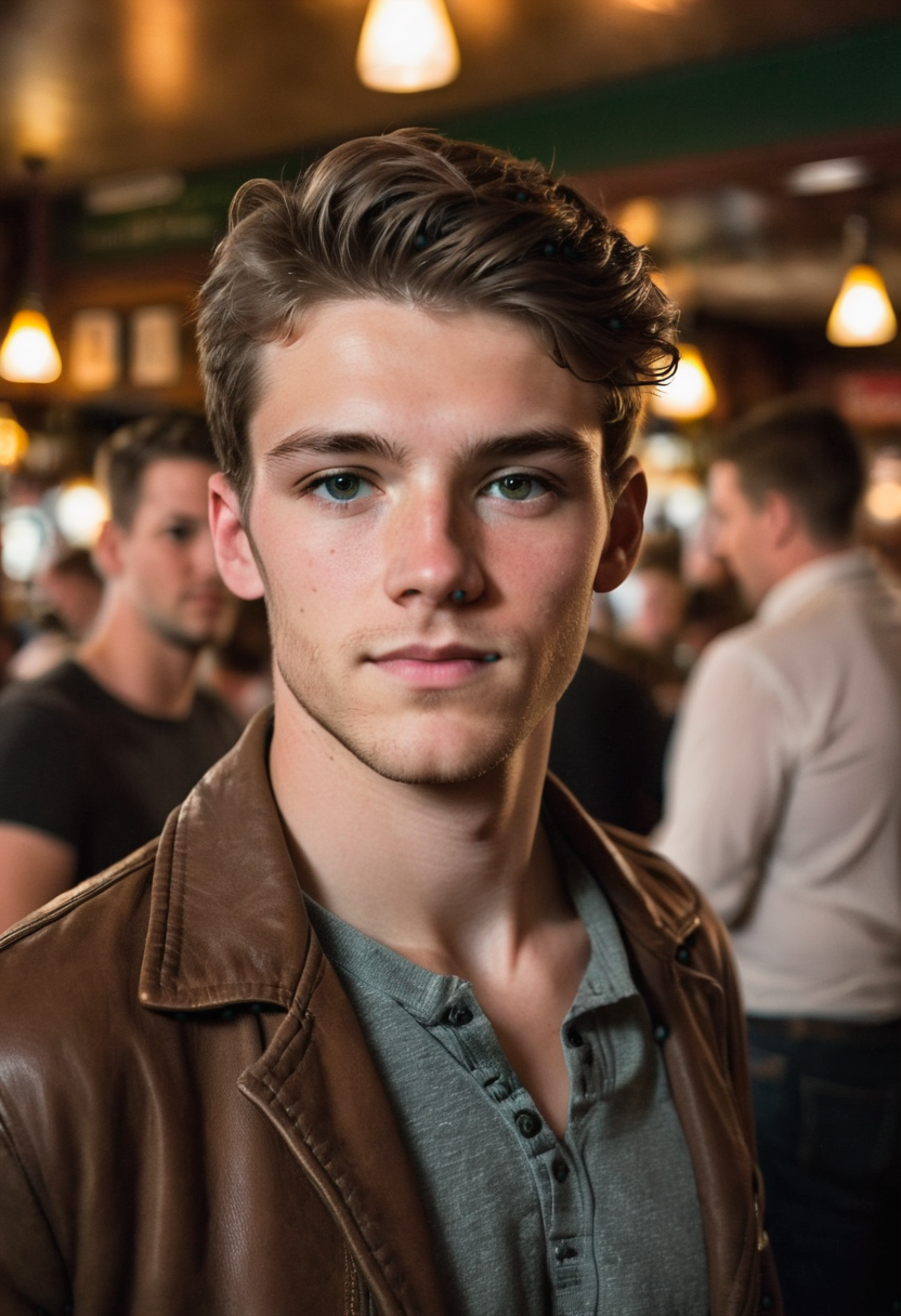 portrait photo of a 25 years old american man in crowded pub, looking at the viewer, natural skin, shot with an iPhone