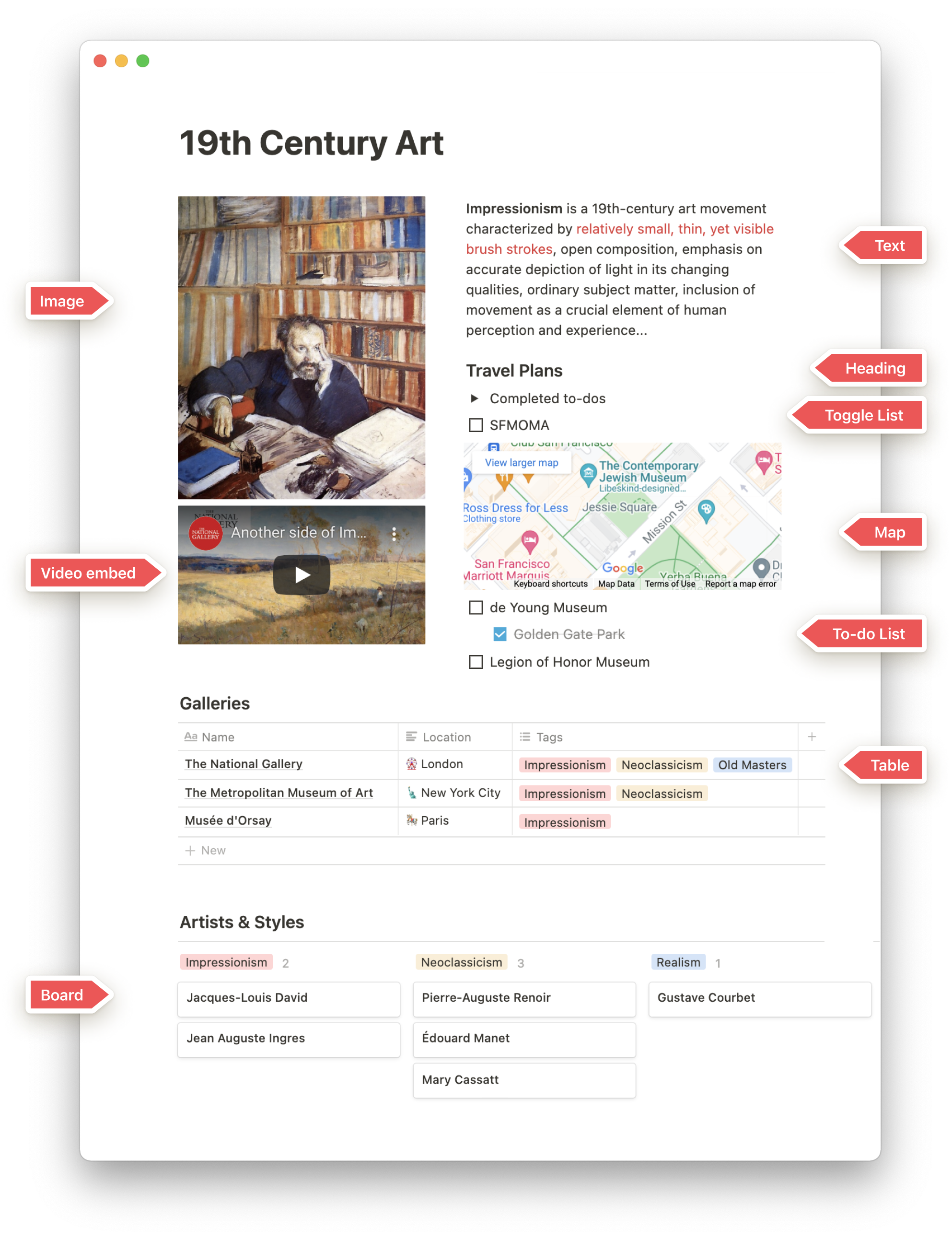 A demo Notion page showing various Notion blocks that it’s made out of.