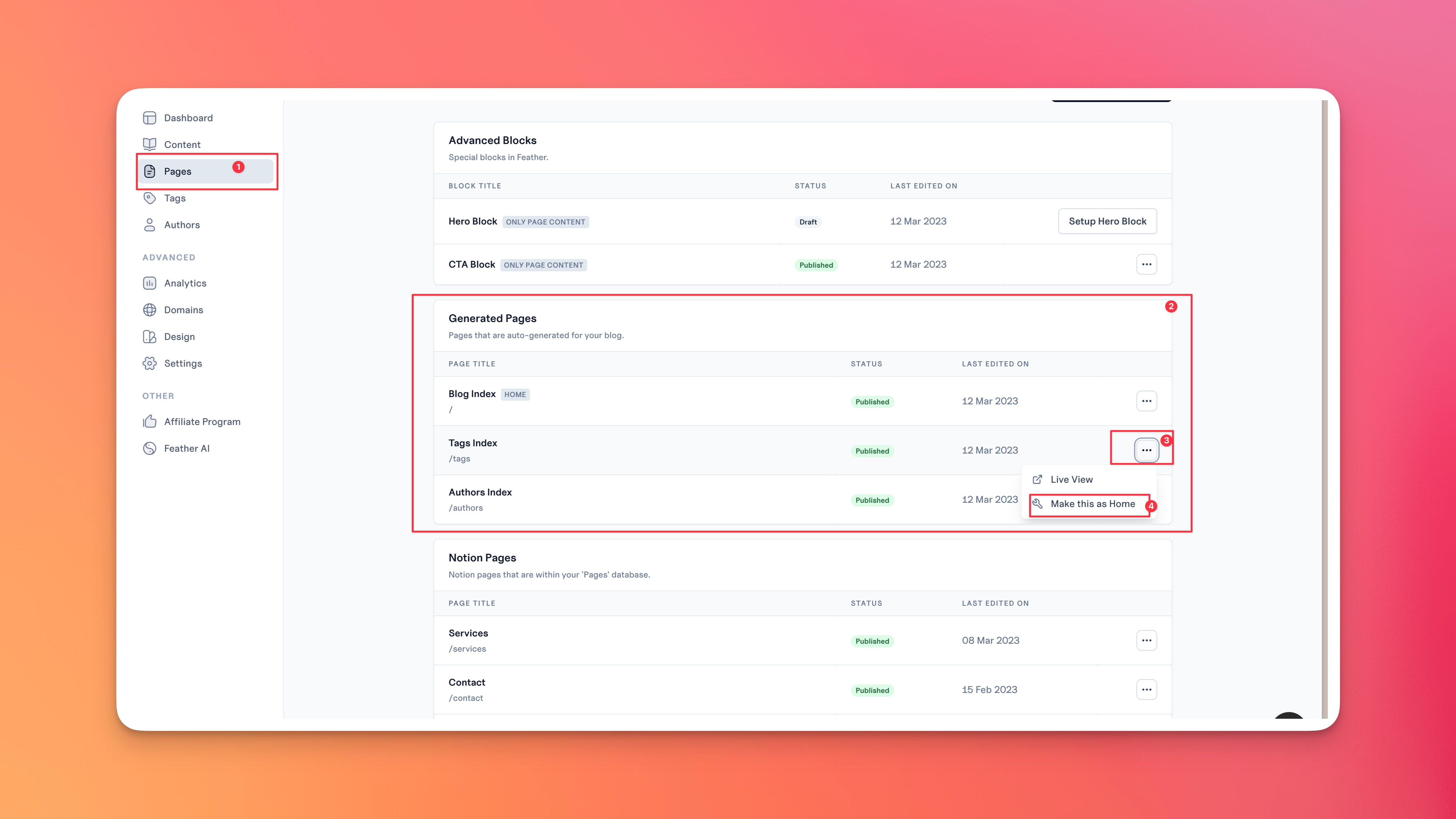Steps to make the “Tags Index” page as the home page.