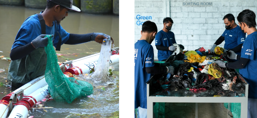 Les équipes de Sungai Watch qui ramassent et trient les déchets à la station de Banyuwangi. 