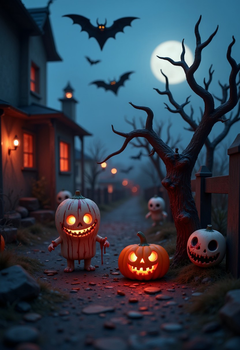 a scene in the style of ck-cbc, A hauntingly beautiful illustration of a humanoid pumpkin-headed creature, wearing tattered rags, standing amidst a swirling fog and eerie red light.