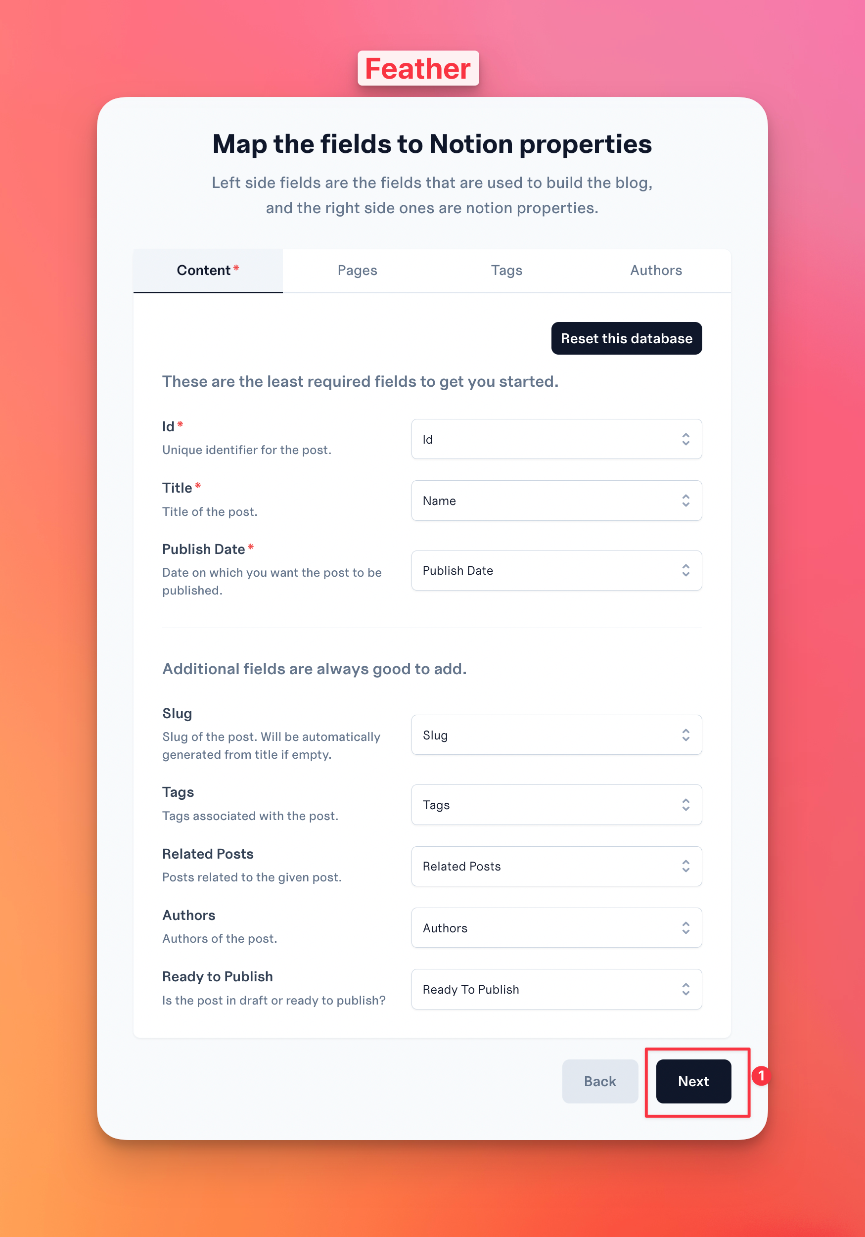 Map the Notion properties with Feather fields