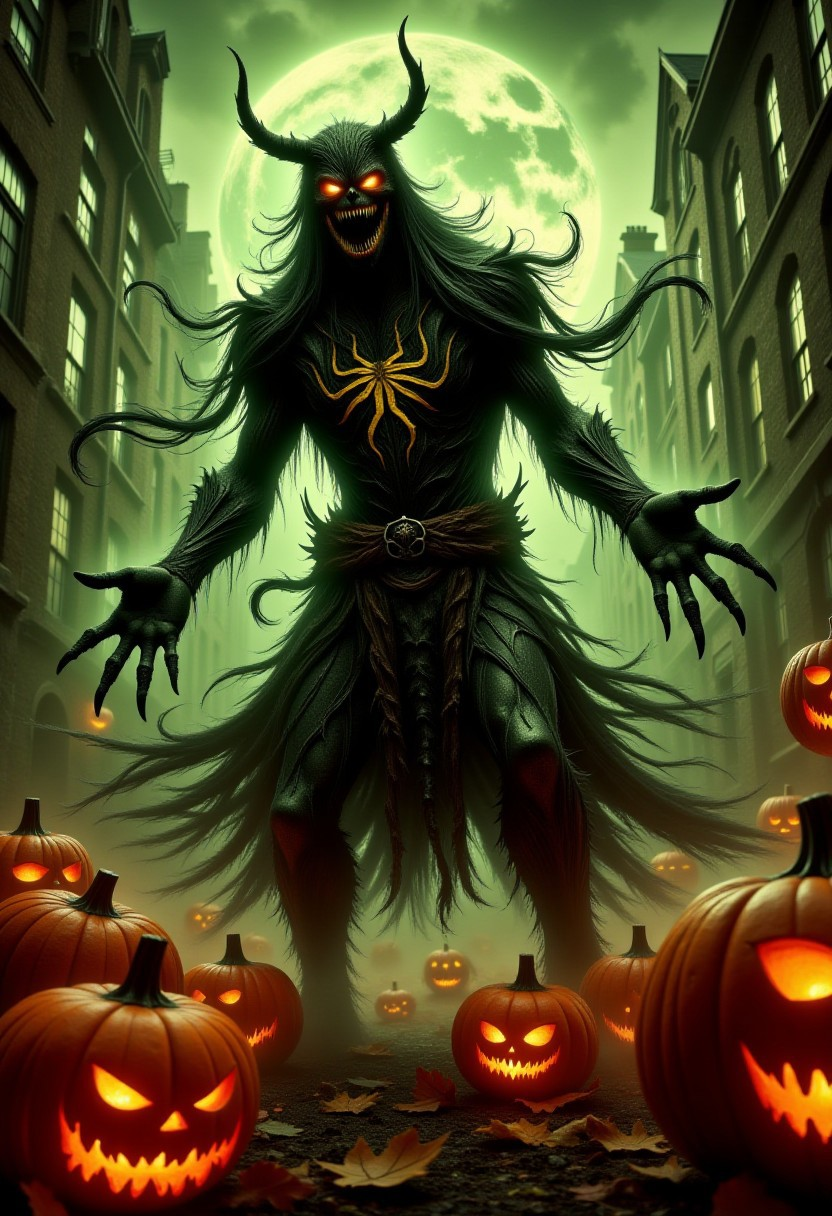 eerie portrayal of the goblin from spider-man manically throwing pumpkin bombs