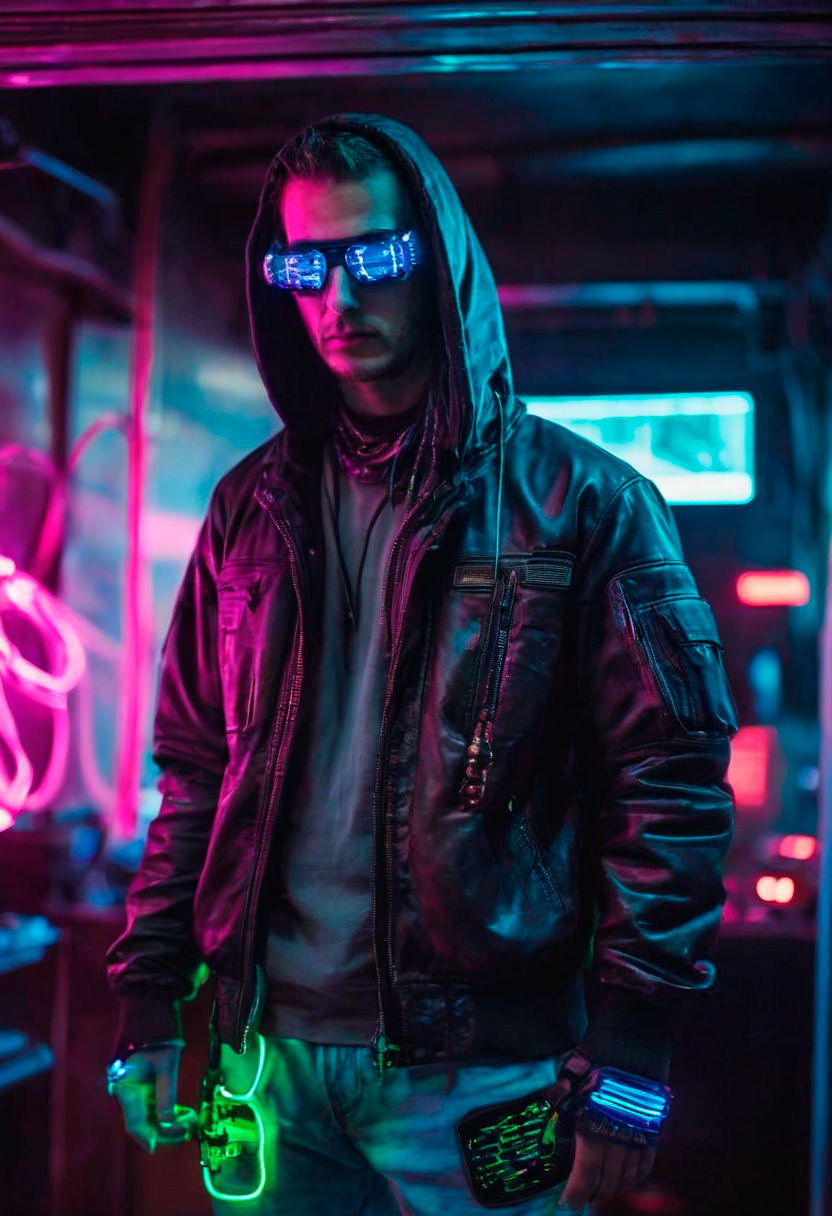 photograph full body portrait of a cyberpunk hacker, Short Exposure, neon light, looking at the viewer, shot from below
