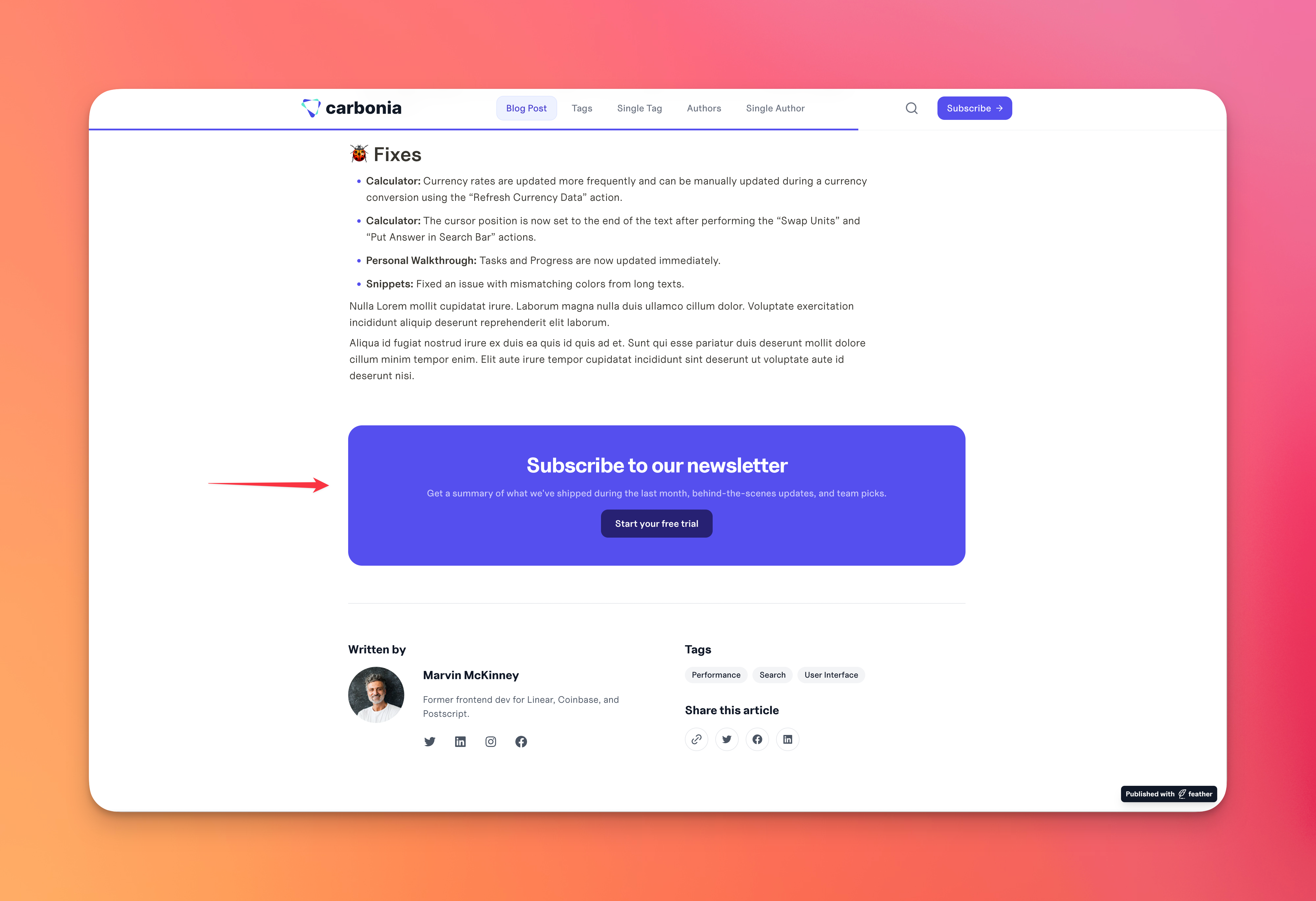 Call to Action Button in the Product Updates Feather Template