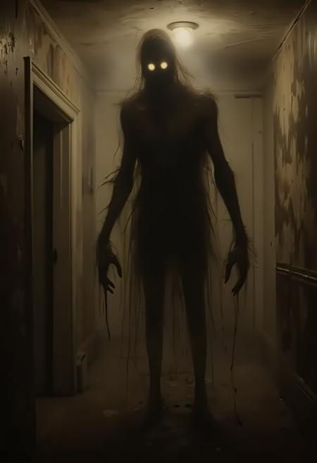 vicgoth, a tall, shadowy figure with elongated limbs and hollow, glowing eyes, standing at the end of a dimly lit hallway, walls covered in old, peeling wallpaper, faint whispers echoing in the background, light flickers from a single overhead bulb, the figure's form seems to waver like smoke, dark and unnerving atmosphere, horror style, extreme close-up, high-contrast lighting to amplify the figure's sinister presence