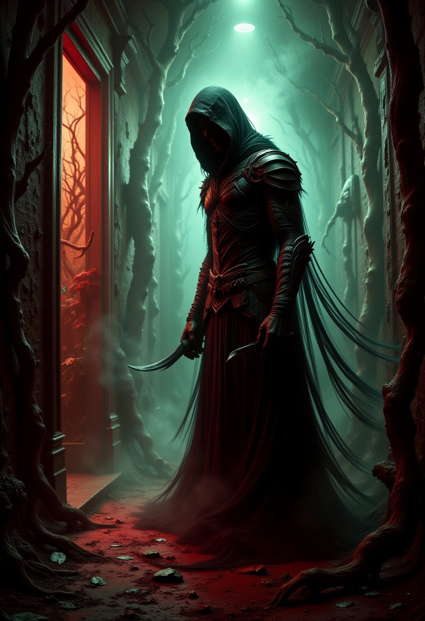 A vibrant and eerie photograph capturing a hooded Assassin lurking in the shadow, waiting for his victim.