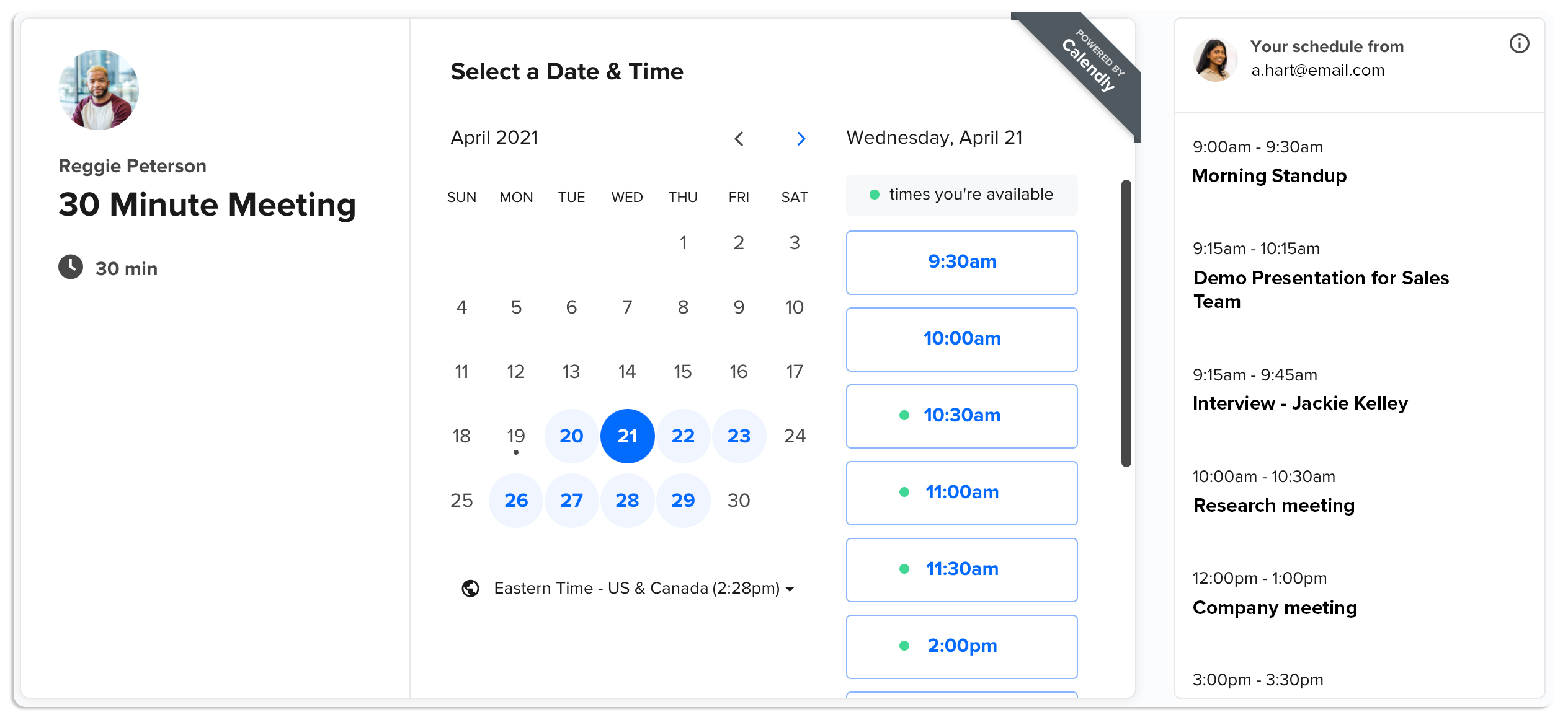 A user's Calendly booking page from their official website.