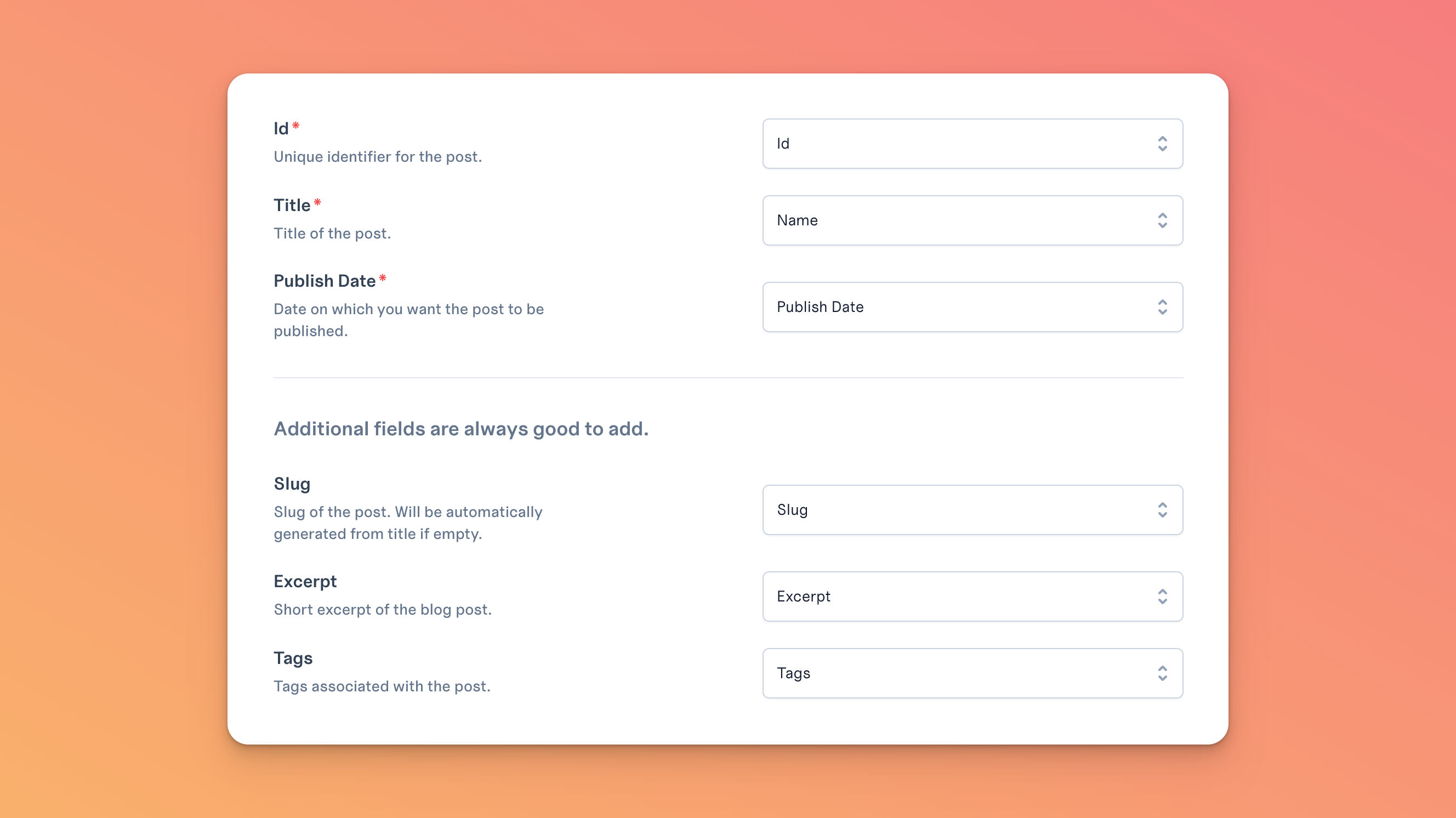Field mapping (Feather fields on the left, Notion properties selectors on the right)