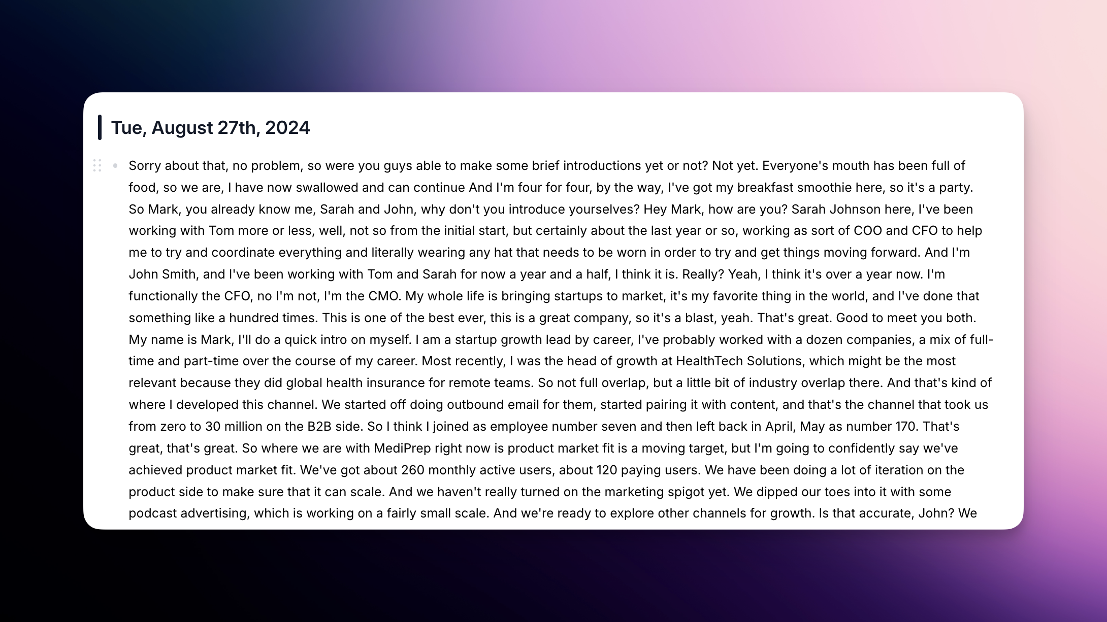 A raw meeting transcription in a daily note