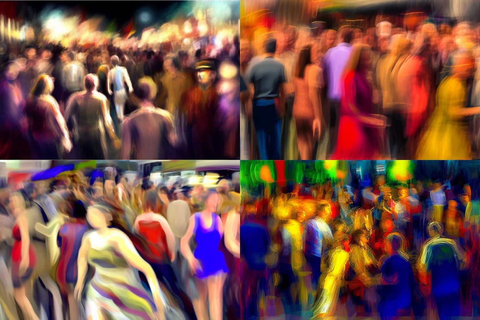 AI-generated art of people in motion in a crowd. MJ prompt: watching, enchanted by the crowd, energized by their motion. expressionism --ar 3:2 --v 4