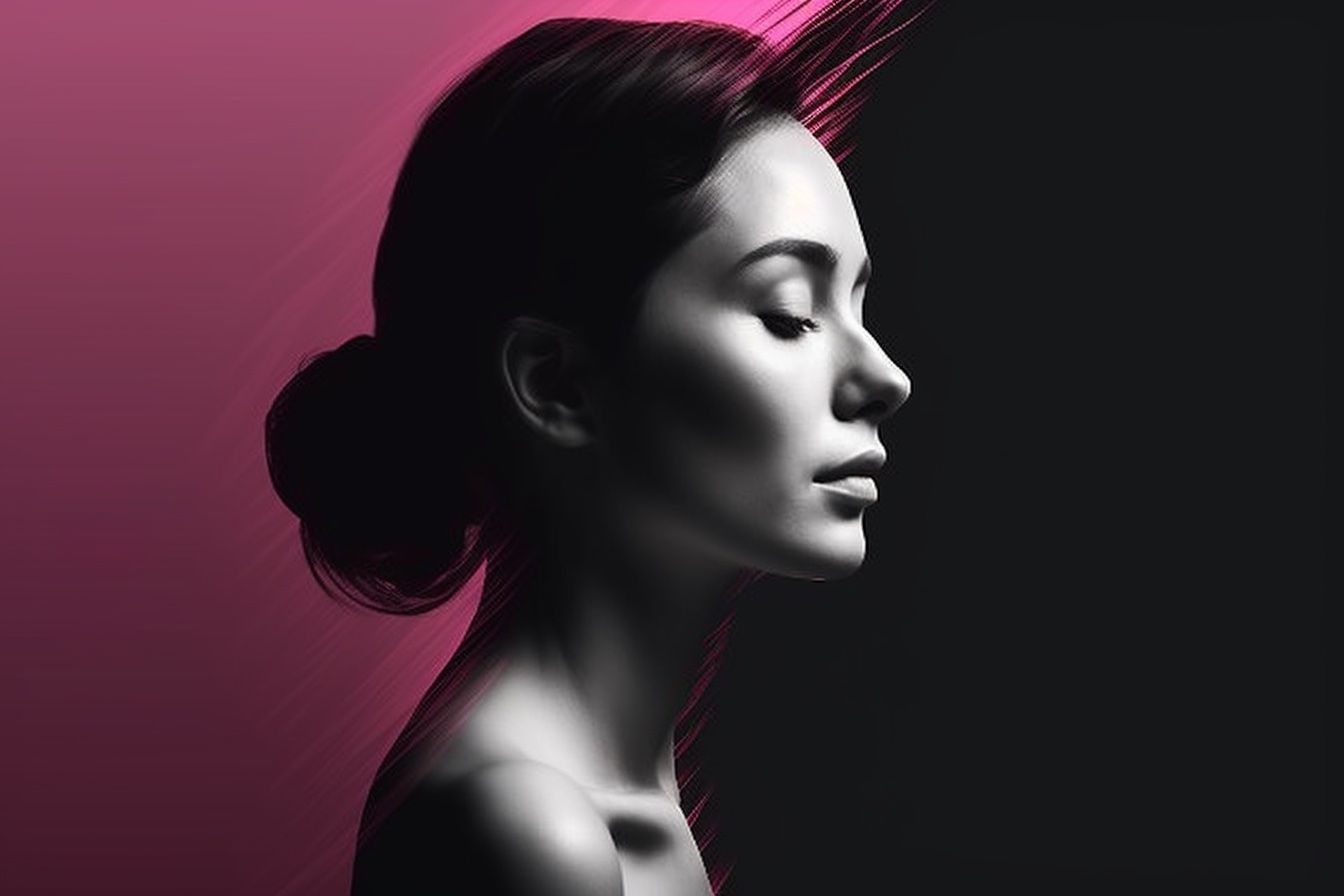 AI-generated image. MJ prompt: Create a minimalistic design portrait of a beautiful woman with a one color or smooth gradient background for a design aesthetic, that encapsulates the diverse concept of beauty, using luminogram effects to highlight the delicate features of a face or silhouette. --ar 3:2 --v 5 --s 750