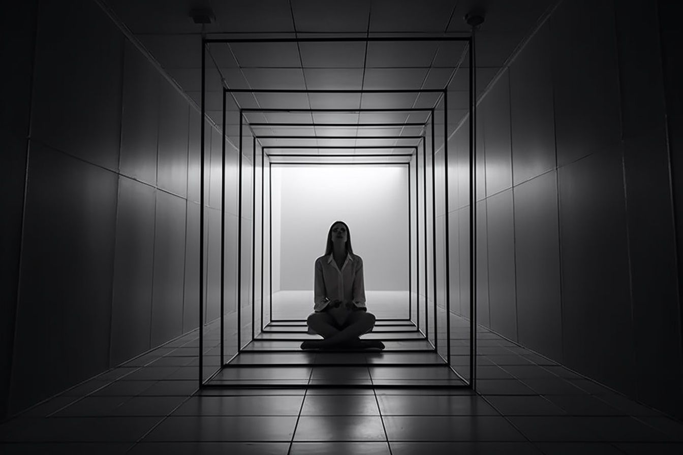 AI-generated image. MJ prompt: As a creative, sometimes you feel like you're shouting into a vast void, not knowing if your words or works will connect with anyone or simply float endlessly in the abyss. minimalism --ar 3:2 --v 5 --s 750