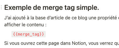 Le contenu de la page dans Notion