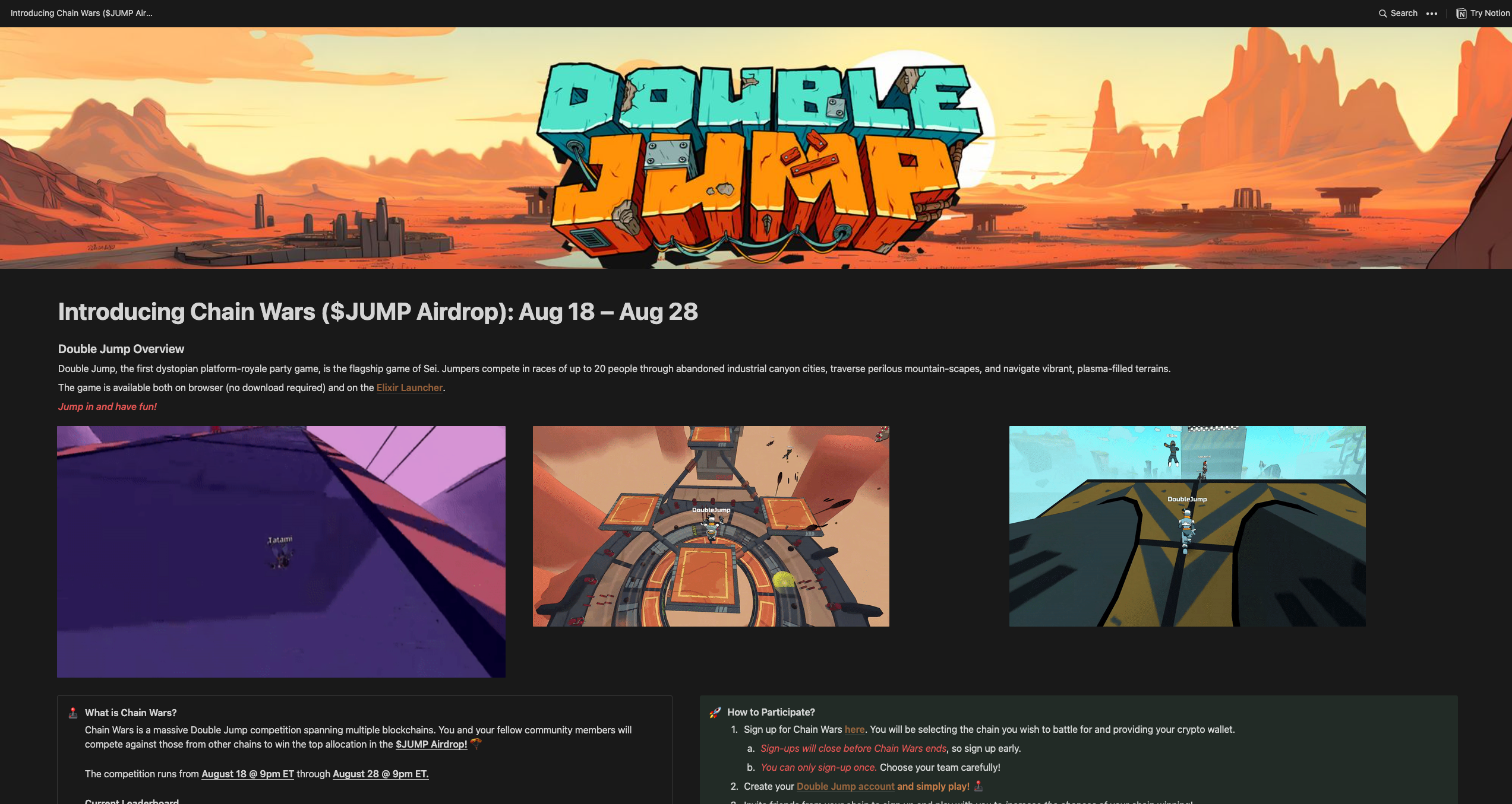 Screenshot of the Double Jump Notion page where they go over the details of Chain Wars.