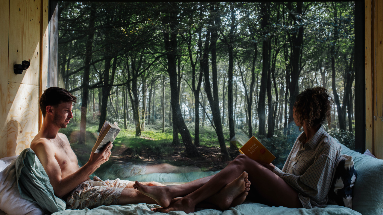 Reading in the window of Olive Unplugged Cabin in the woods
