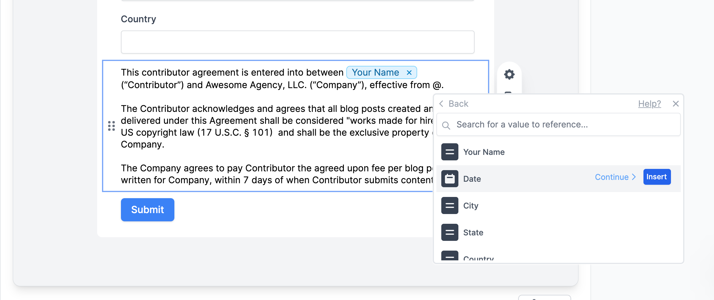 Add names, dates, and more to your contract text, with Fillout form values