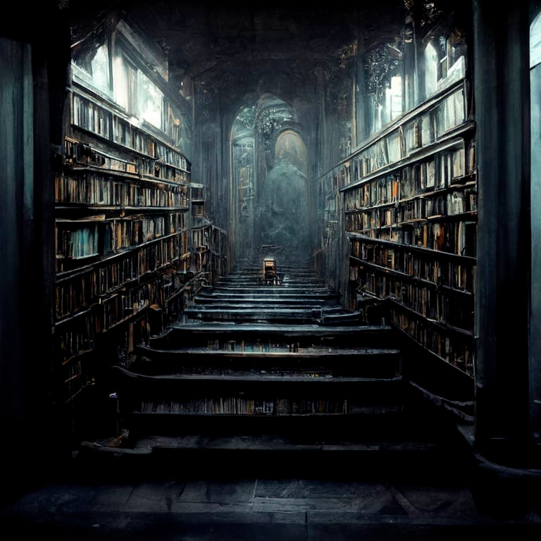 A dimly lit room, surrounded by dusty old books.