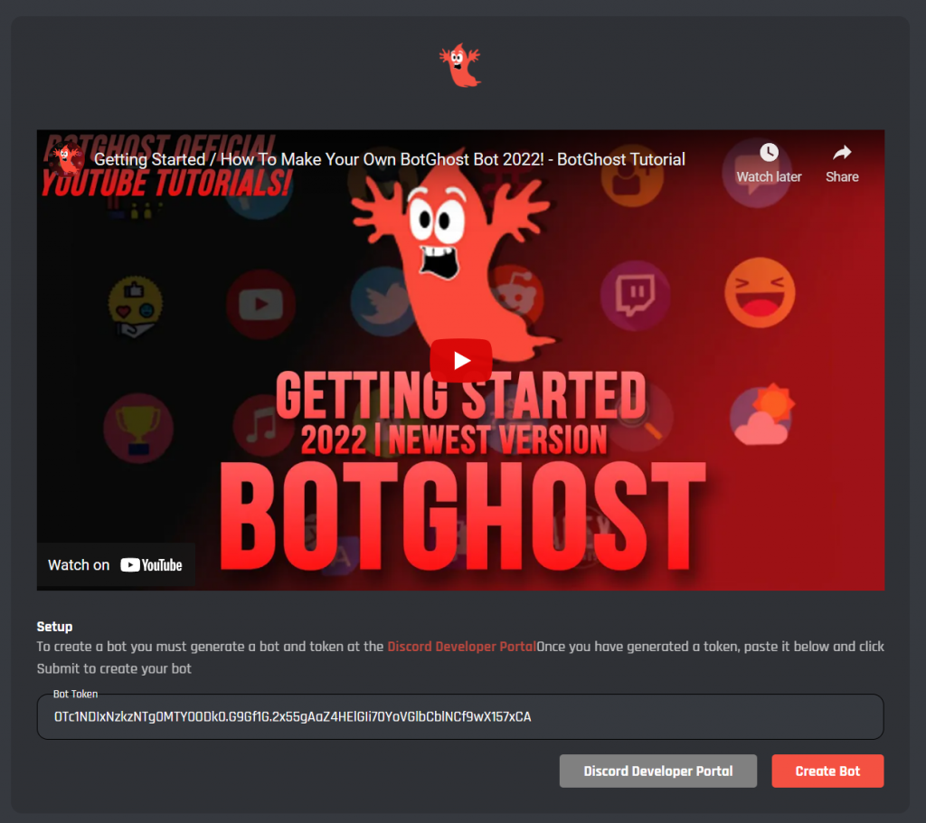 Copy the bot token that you generated earlier into the Bot Token input.