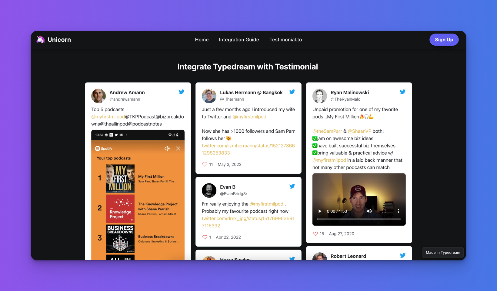 Integrate Testimonial with Typedream. Demo: https://testimonial.typedream.app/love