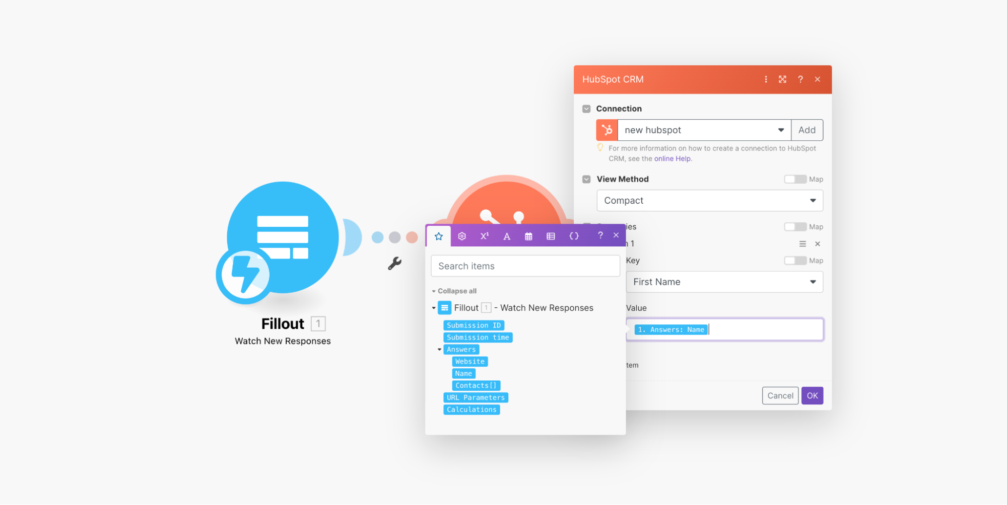 A Make automation can add new contacts every time a Fillout form is filled out