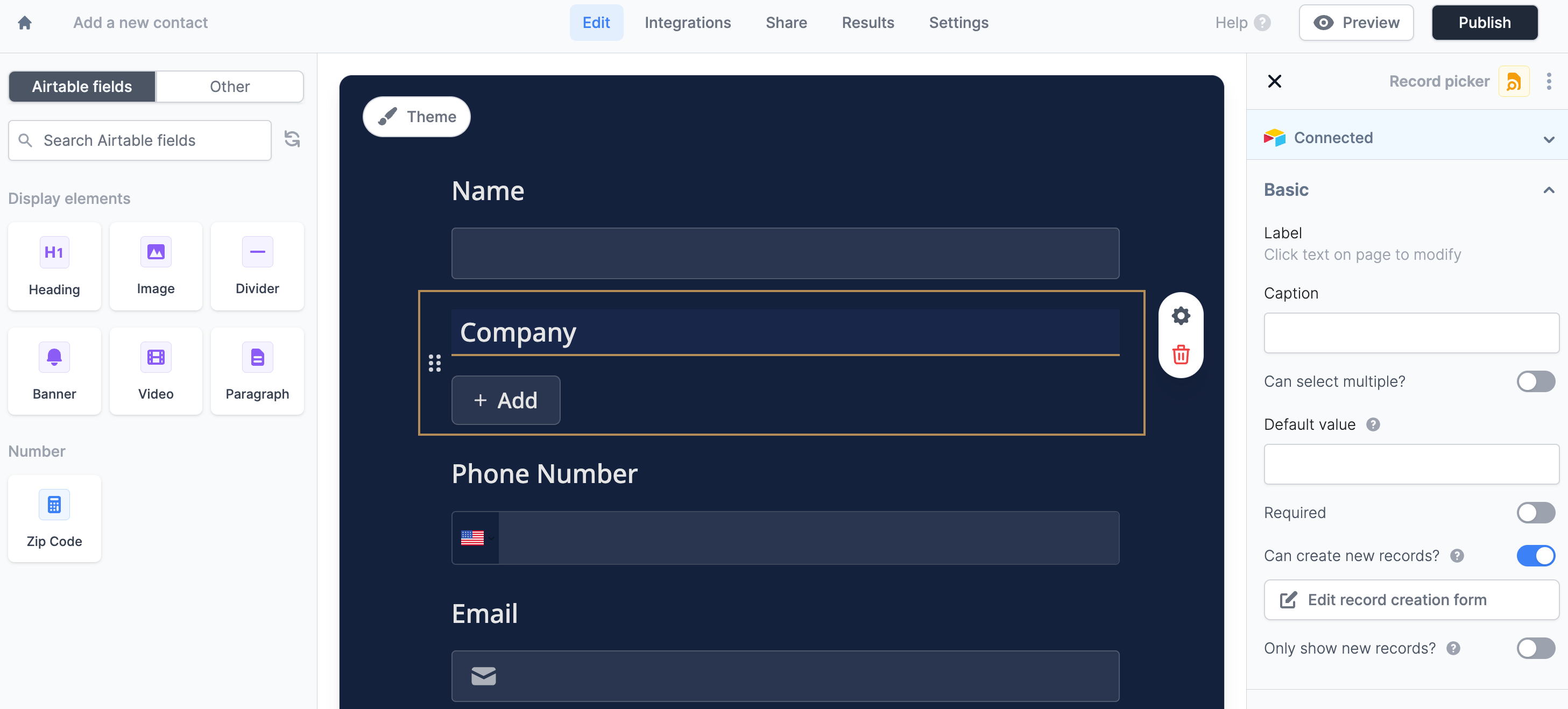 Fillout works with linked fields, too, so you can select and even add a new company to contacts as you add them to your CRM.