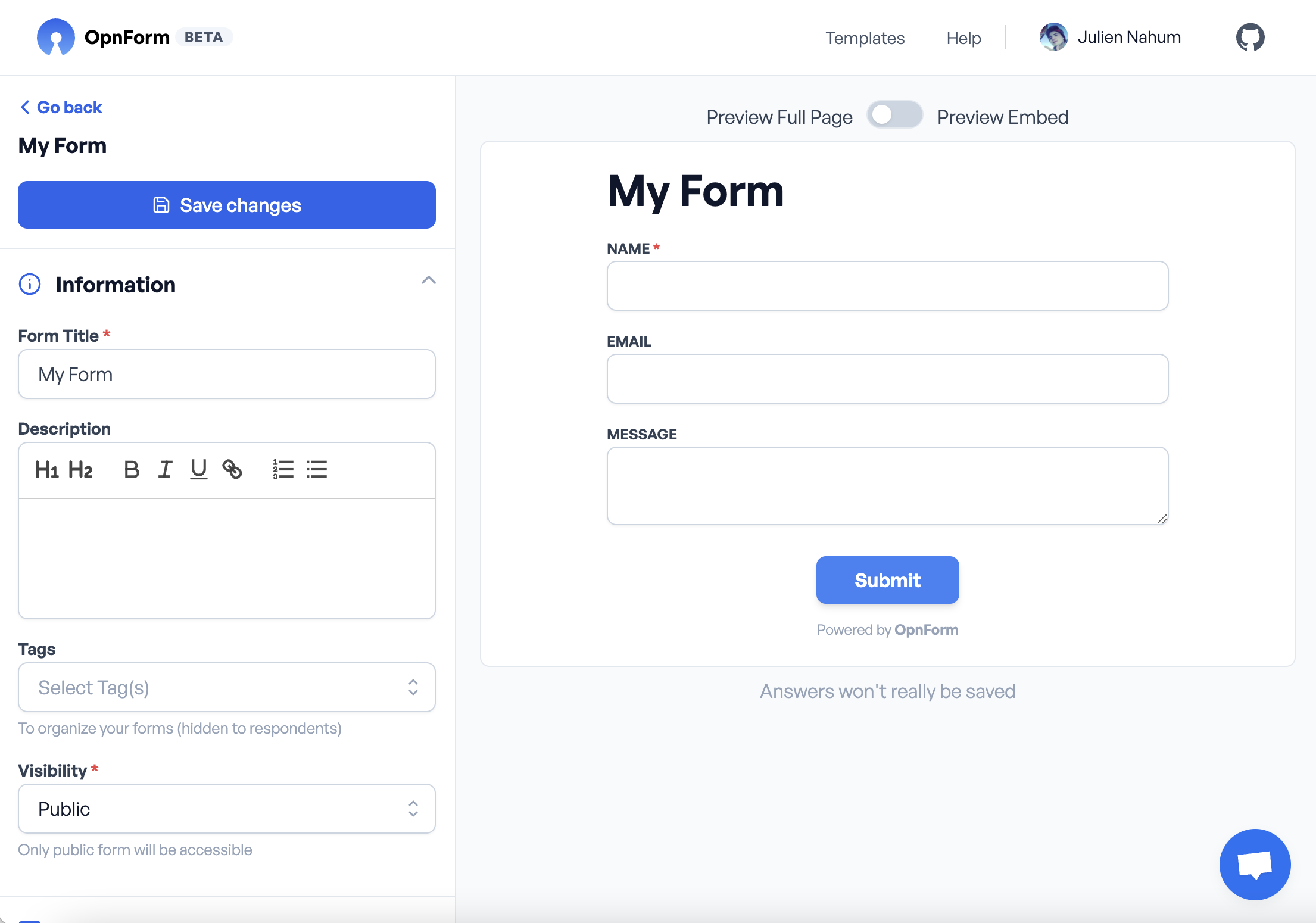 OpnForm’s form builder interface