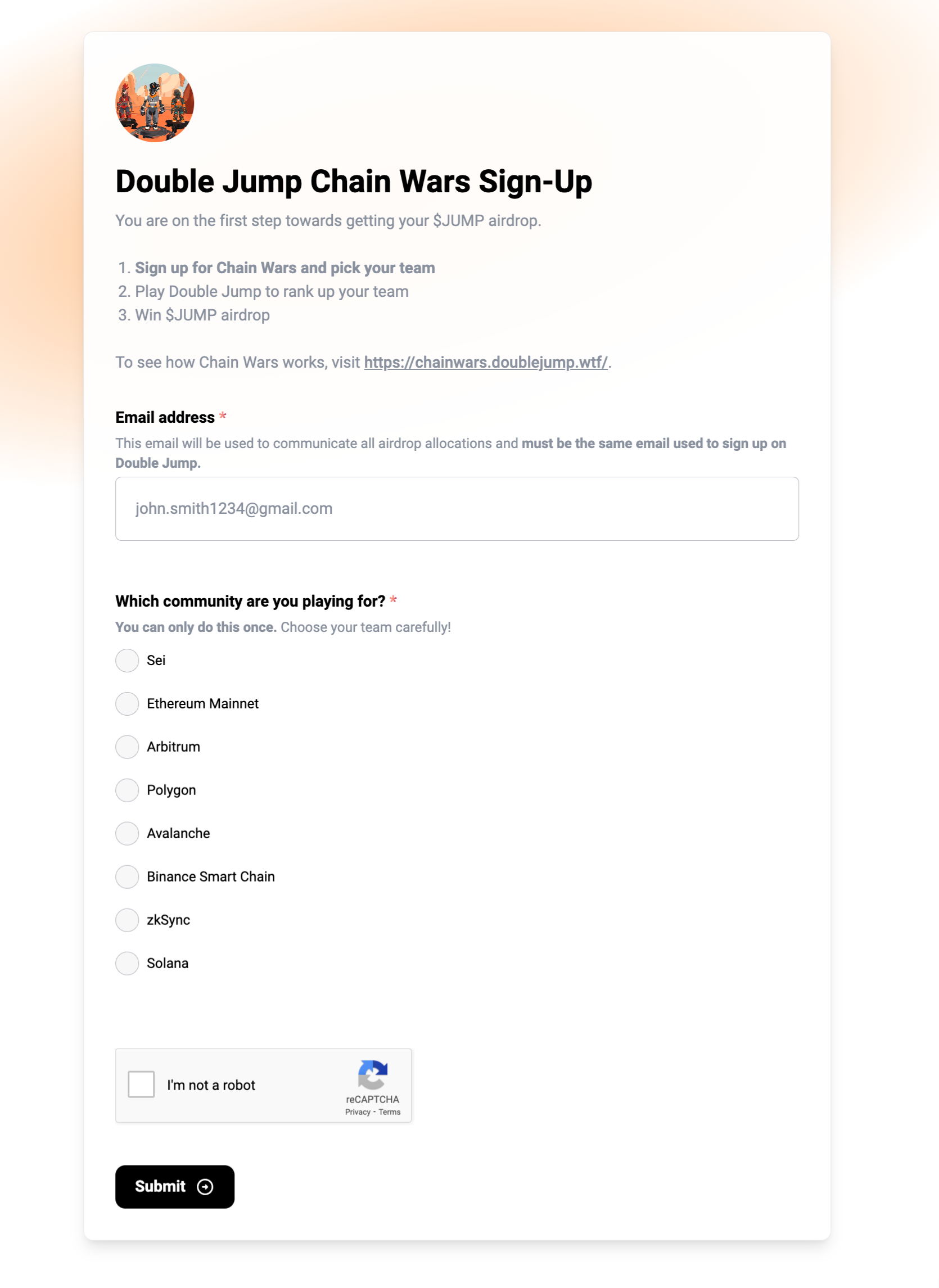 Screenshot of Double Jump’s Chain Wars Sign Up form, built via DeForm!