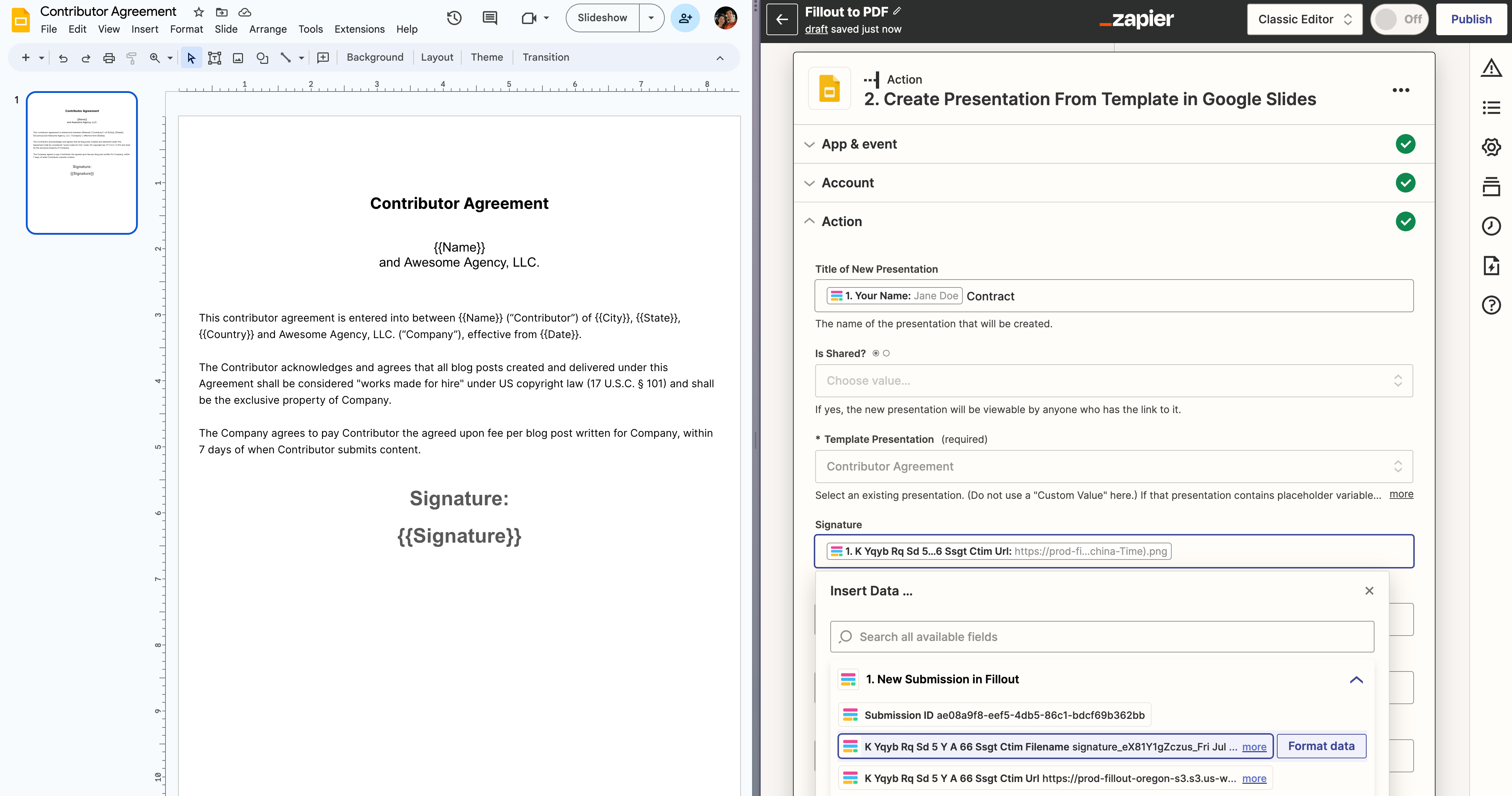 A contractor agreement template in Google Slides, matched with a Zap to fill it out automatically
