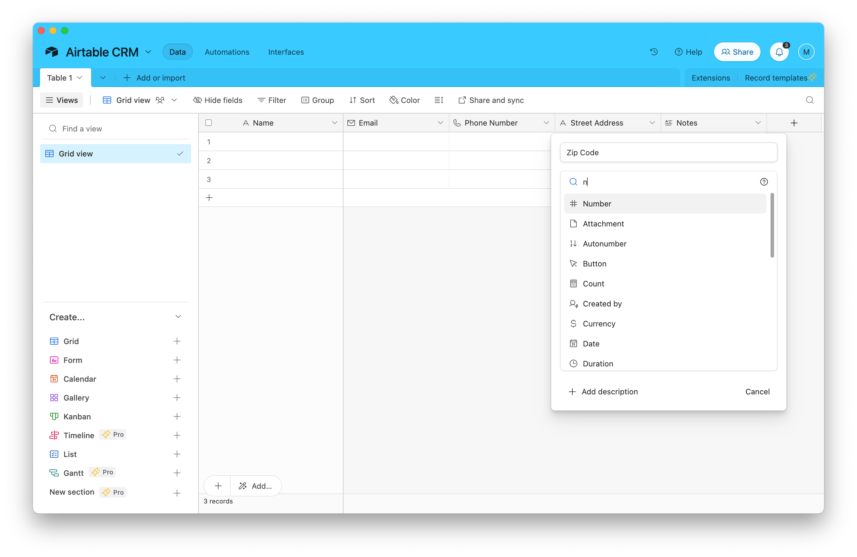 Add fields for everything you want to track in your Airtable CRM
