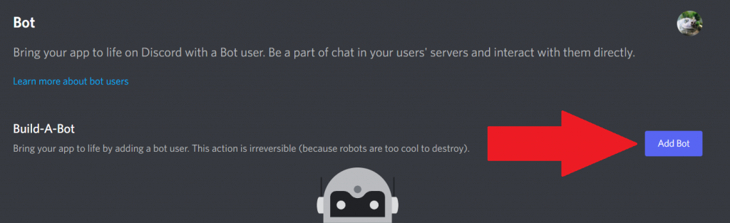 Click the Add Bot button to make your discord bot.