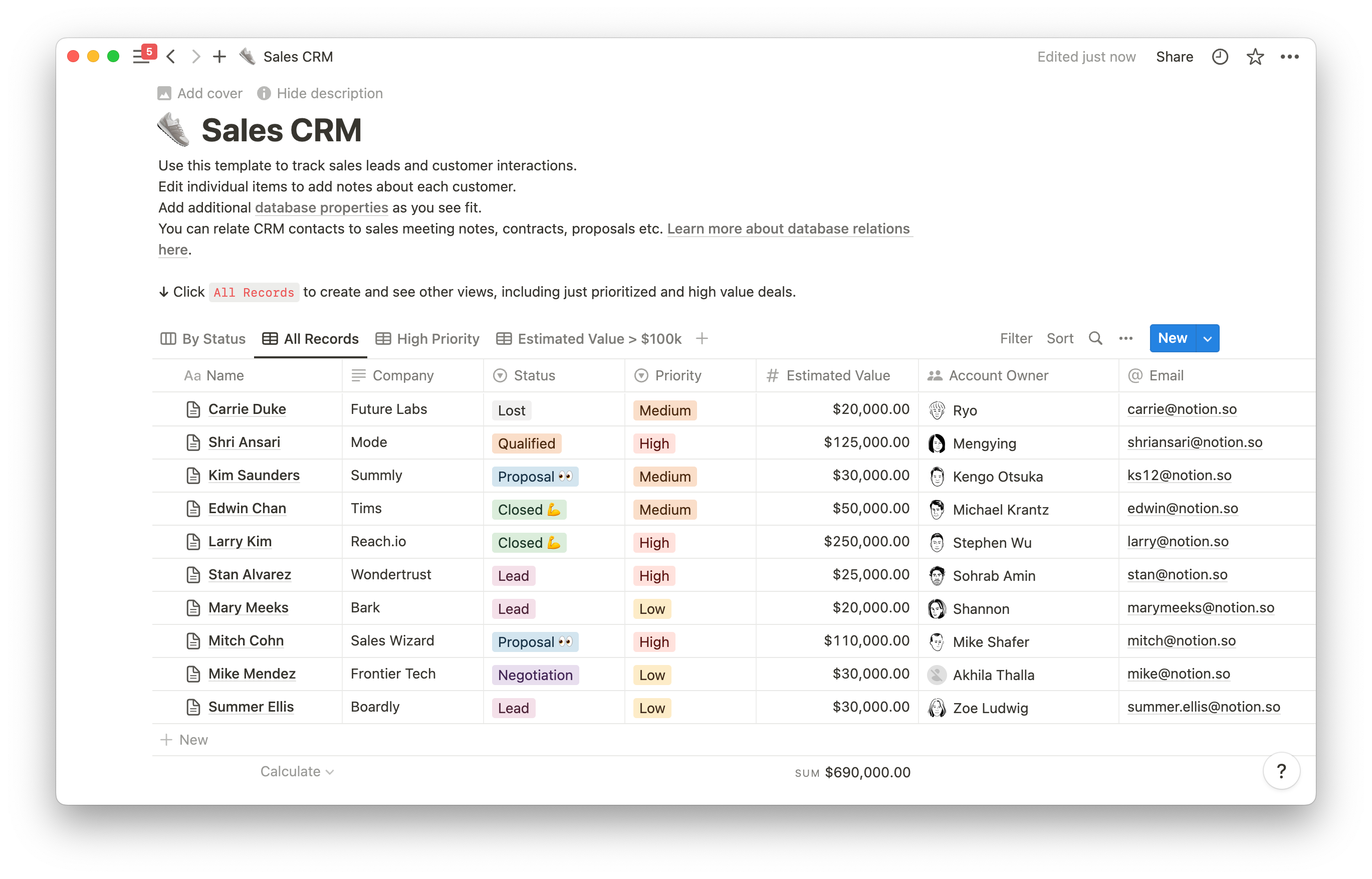 A Notion CRM, built with Notion’s Sales CRM template