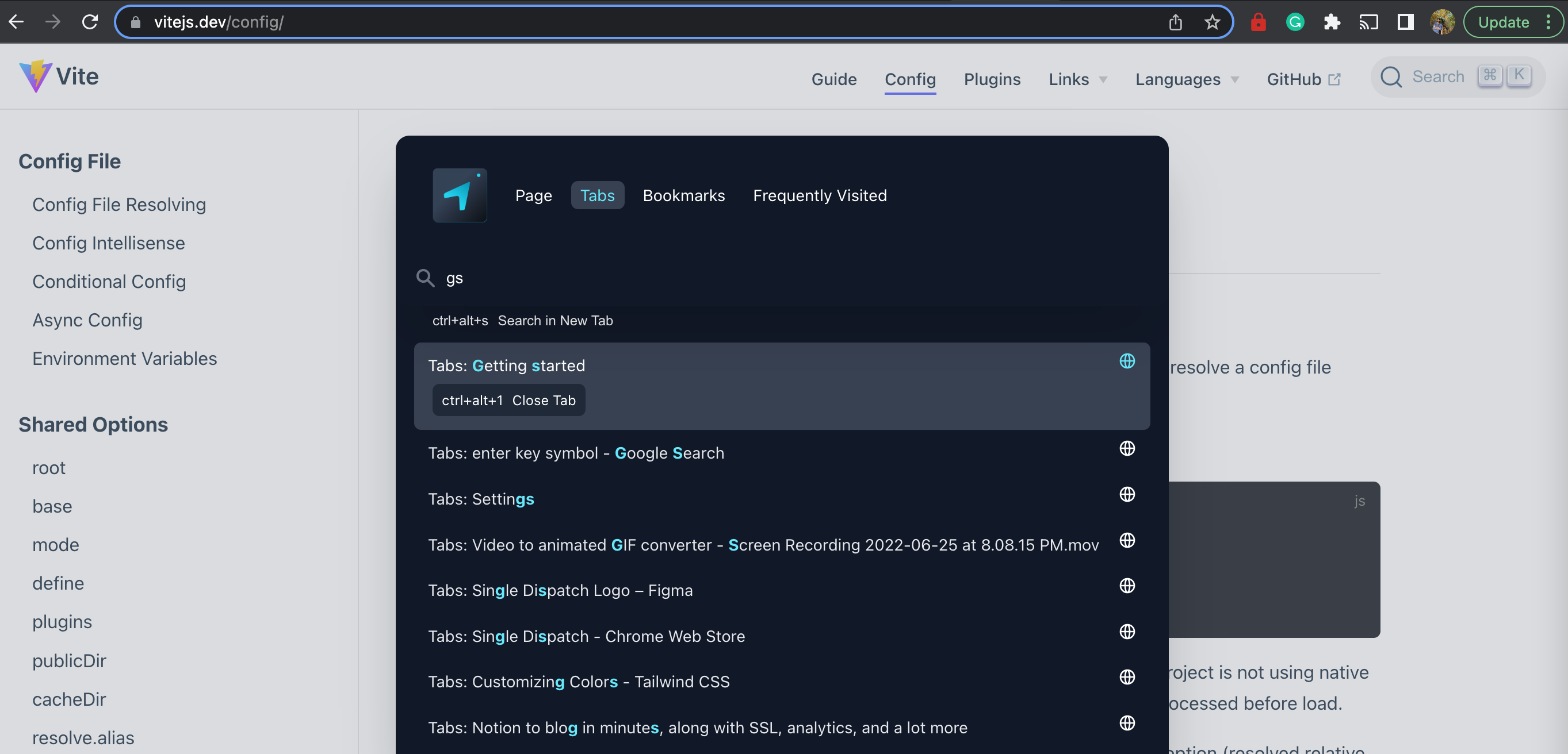 Managing tabs with a command palette
