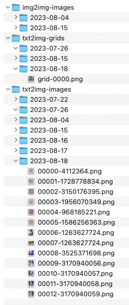 Directorios e imágenes creados automáticamente en /outputs por Automatic1111