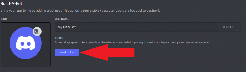 Click the Reset Token button to copy a new Bot Token