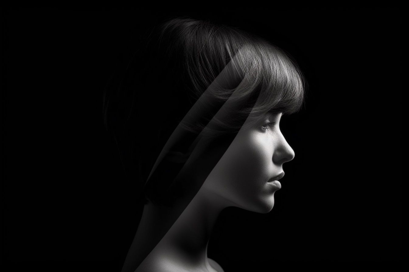 AI-generated image. MidJourney prompt: Create a minimalistic design portrait  with a one color or smooth gradient background for a design aesthetic, that encapsulates the concept of beauty, using luminogram effects to highlight the delicate features of a face or silhouette. --ar 3:2 --v 5 --s 750