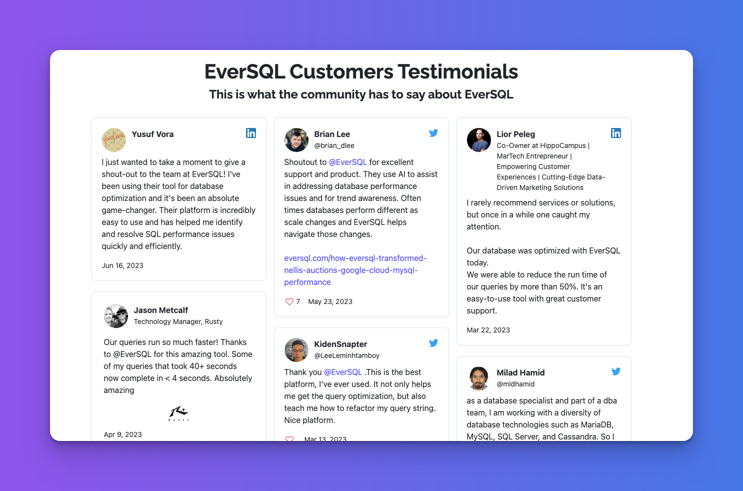 EverSQL.com - “Customers” page featuring testimonials 