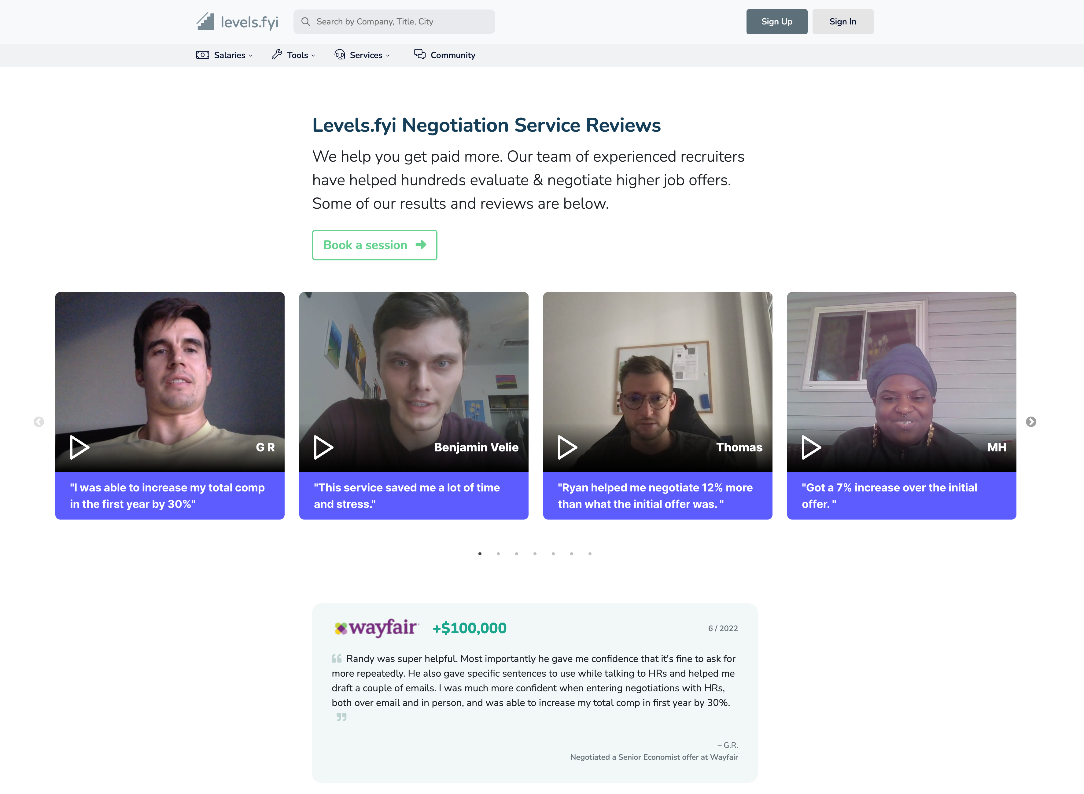 Levels.fyi uses testimonial.to to collect video testimonials and embed them on their website.
