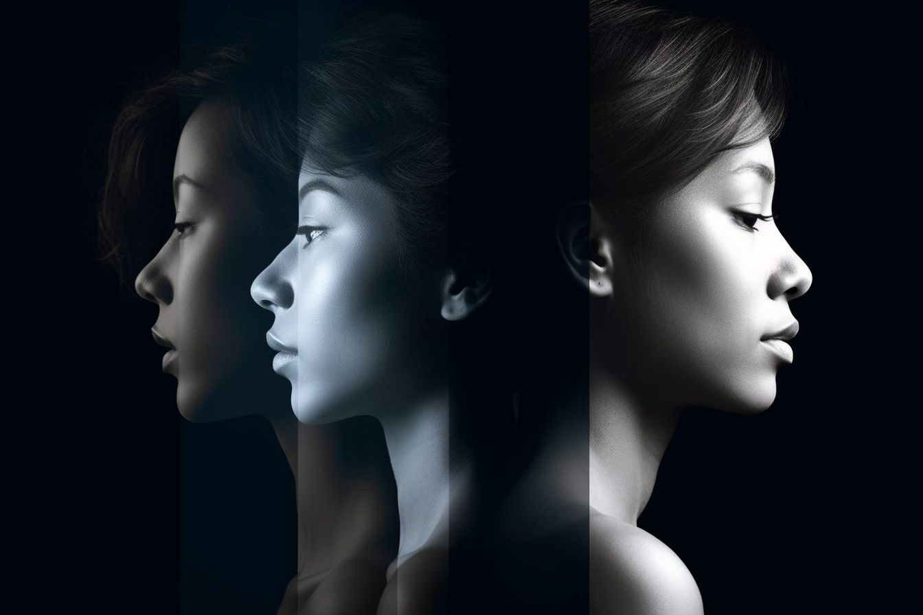 AI-generated image. MidJourney prompt: Create a minimalistic design portrait with a one color or smooth gradient background for a design aesthetic, that encapsulates the global diverse concept of beauty, using luminogram effects to highlight the delicate features of a face or silhouette. --ar 3:2 --v 5 --s 750