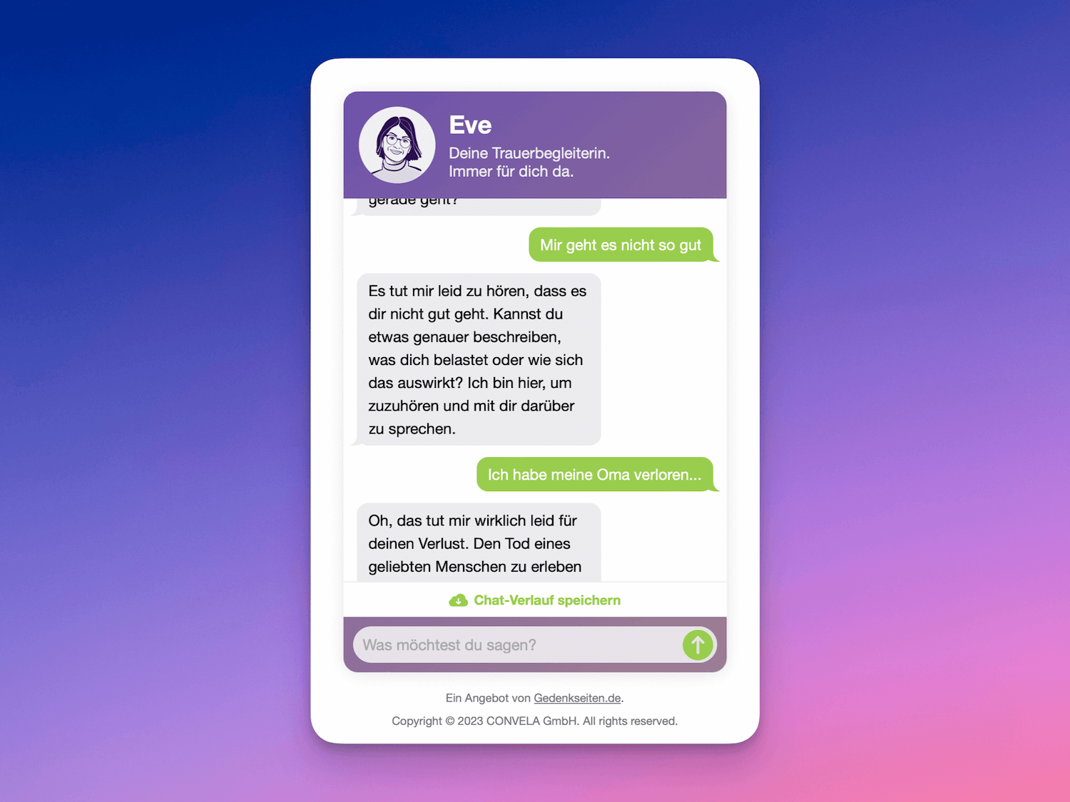 Handy mit Chatverlauf von Eve Chatbot.