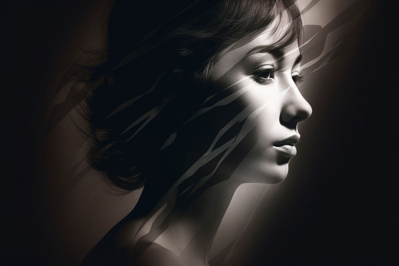 AI-generated image. MidJourney prompt: Create a minimalistic design portrait  with a one color or smooth gradient background for a design aesthetic, that encapsulates the concept of beauty, using luminogram effects to highlight the delicate features of a face or silhouette. --ar 3:2 --v 5 --s 750