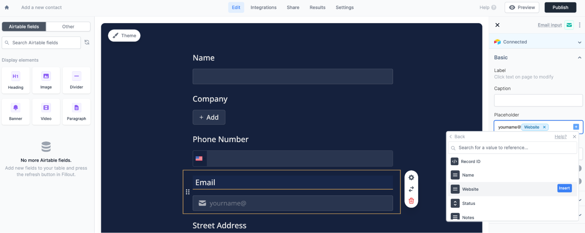 A Fillout form’s Airtable integration can turn database fields into form fields, and pull in company details from a CRM