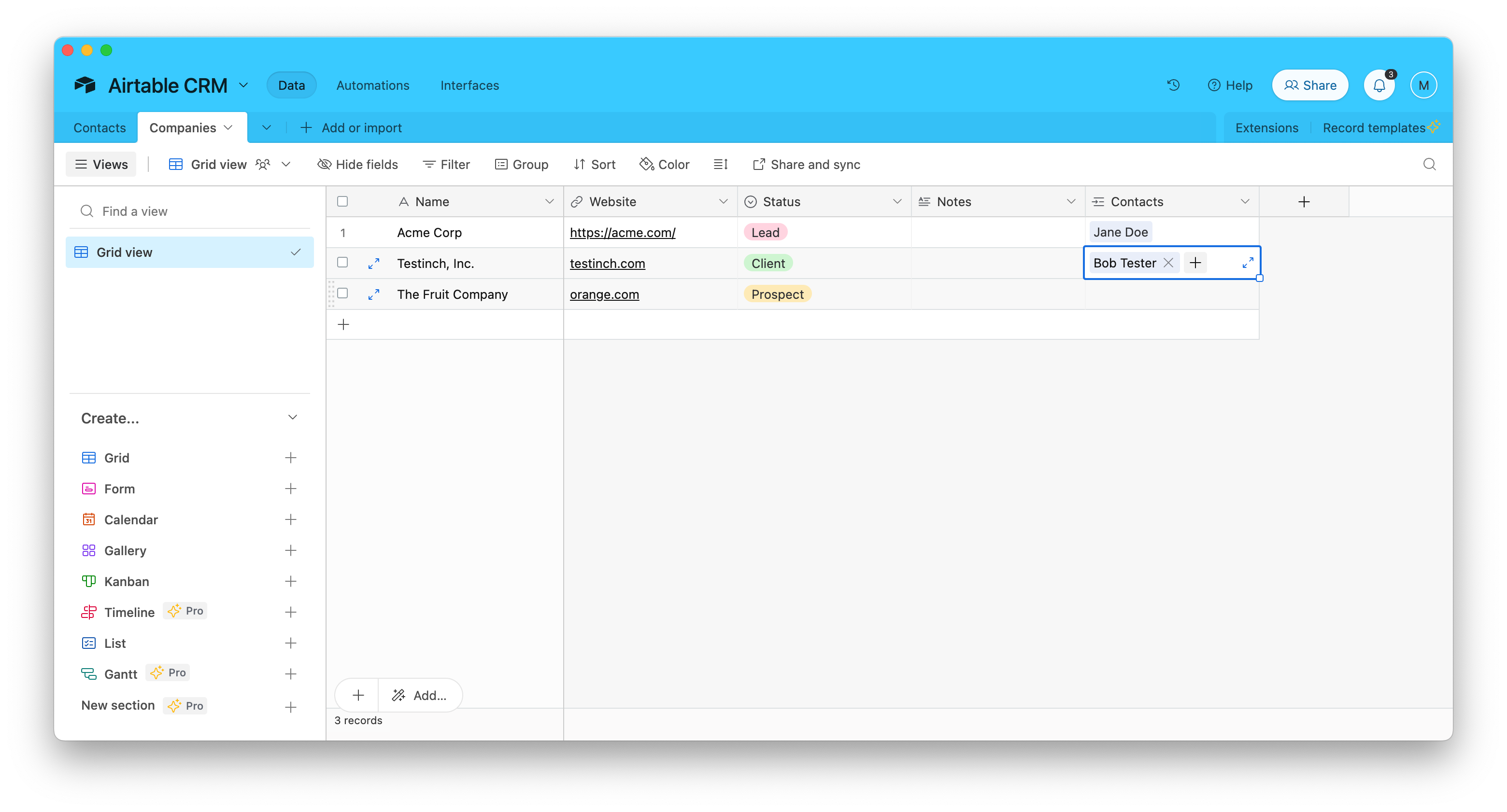Linked records and status fields, combined with filters and views, let you build powerful, detailed CRMs in Airtable